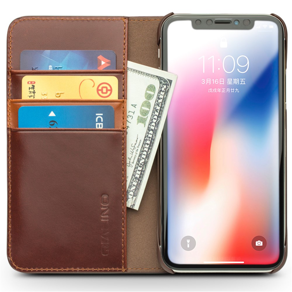 QIALINO Business Style Genuine Leather Wallet Mobile Phone Case for iPhone X (Ten) 5.8 inch - Brown-2
