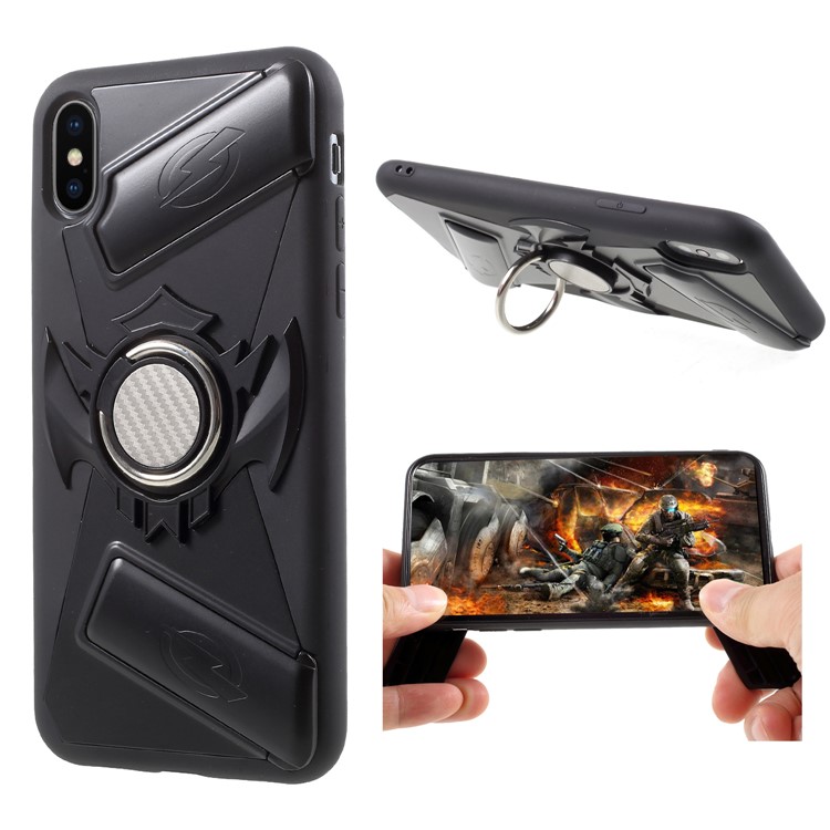 TPU + PC Hybrid Game Joysticks Case with Finger Ring Kickstand for iPhone X - Black-1