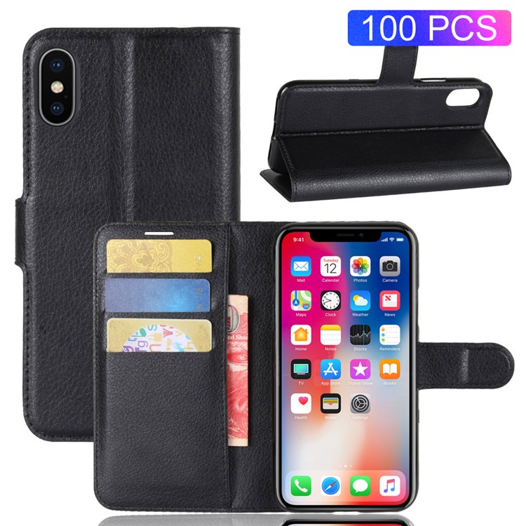 100Pcs/Set Litchi Grain Wallet Stand Leather Case for iPhone X(Ten) - Black-1