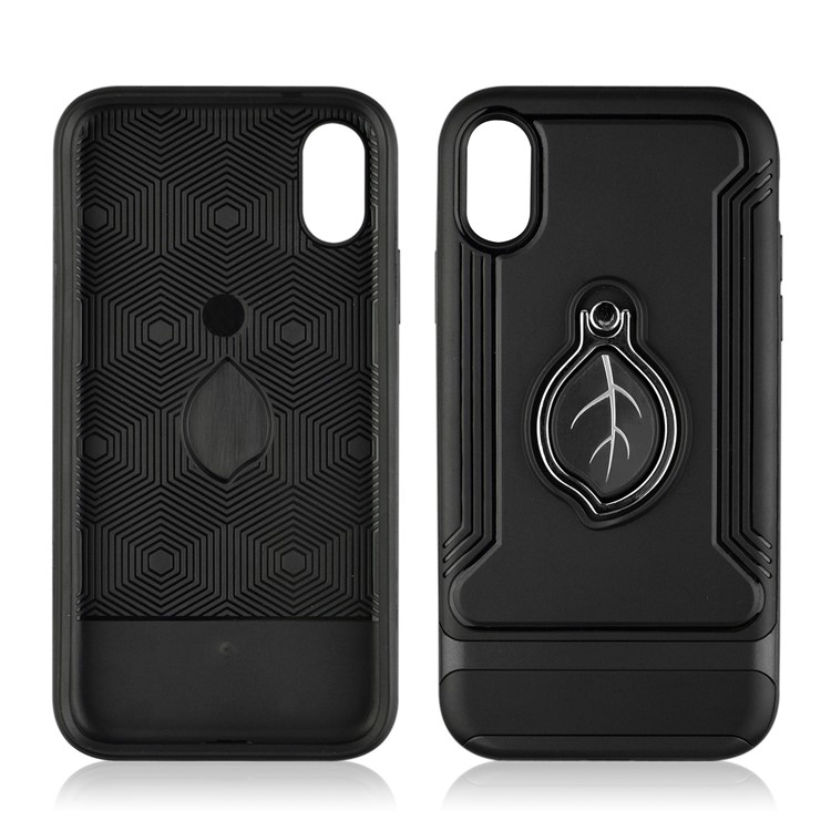 ANGIBABE Maple Leaf Magnetic Ring Holder Kickstand TPU + PC Hybrid Case for iPhone X - Black-2