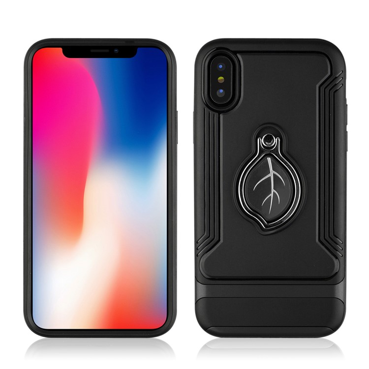 ANGIBABE Maple Leaf Magnetic Ring Holder Kickstand TPU + PC Hybrid Case for iPhone X - Black-3