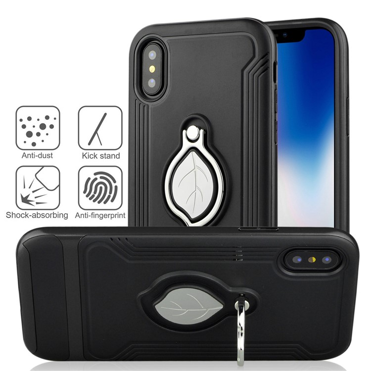 ANGIBABE Maple Leaf Magnetic Ring Holder Kickstand TPU + PC Hybrid Case for iPhone X - Black-4