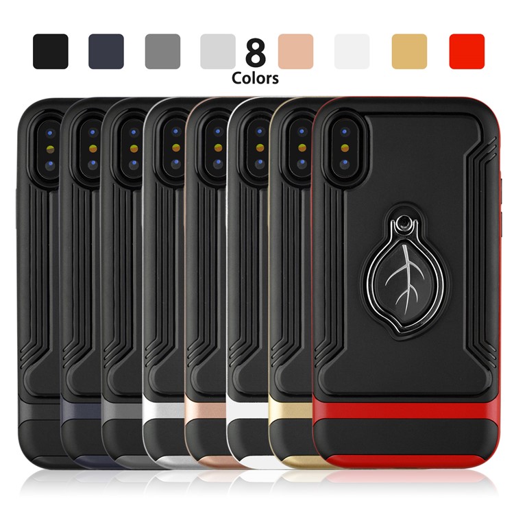 ANGIBABE Maple Leaf Magnetic Ring Holder Kickstand TPU + PC Hybrid Case for iPhone X - Black-9