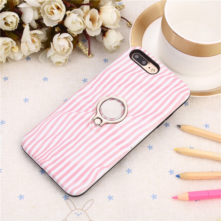 Embossed Stripes Pattern PC + TPU Hybrid Case with Kickstand for iPhone 8 Plus / 7 Plus - Pink-5