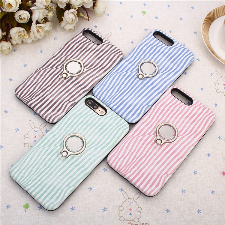 Embossed Stripes Pattern PC + TPU Hybrid Case with Kickstand for iPhone 8 Plus / 7 Plus - Pink-7