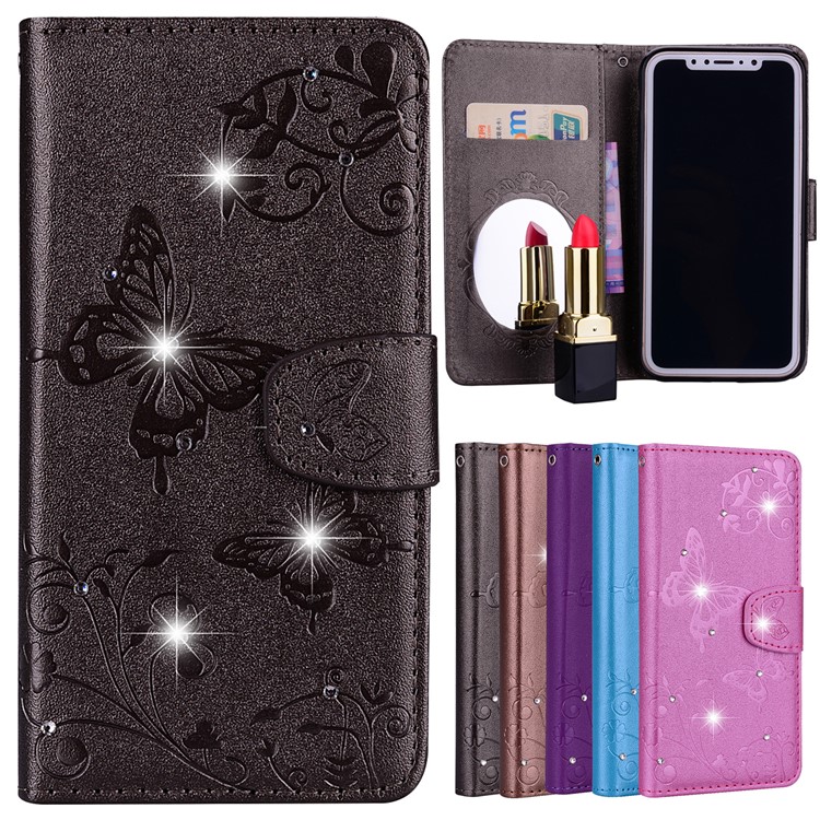Imprinted Butterfly Flower Pattern Rhinestone Decoration Wallet Leather Case for iPhone X - Black-1