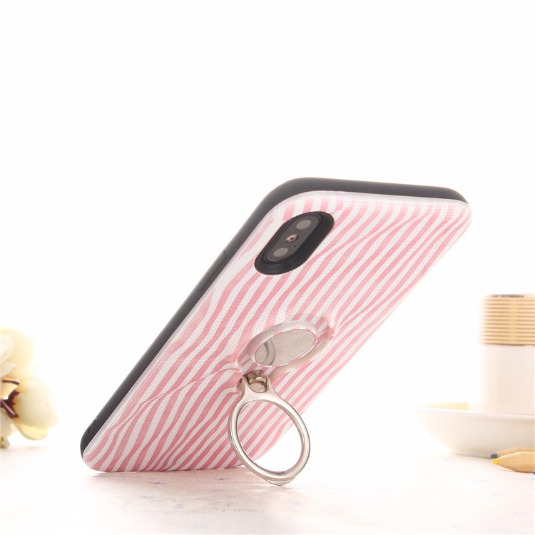 Striped Pattern Embossment TPU + PC Hybrid Magnetic Ring Holder Kickstand Mobile Phone Case for iPhone X - Pink-2