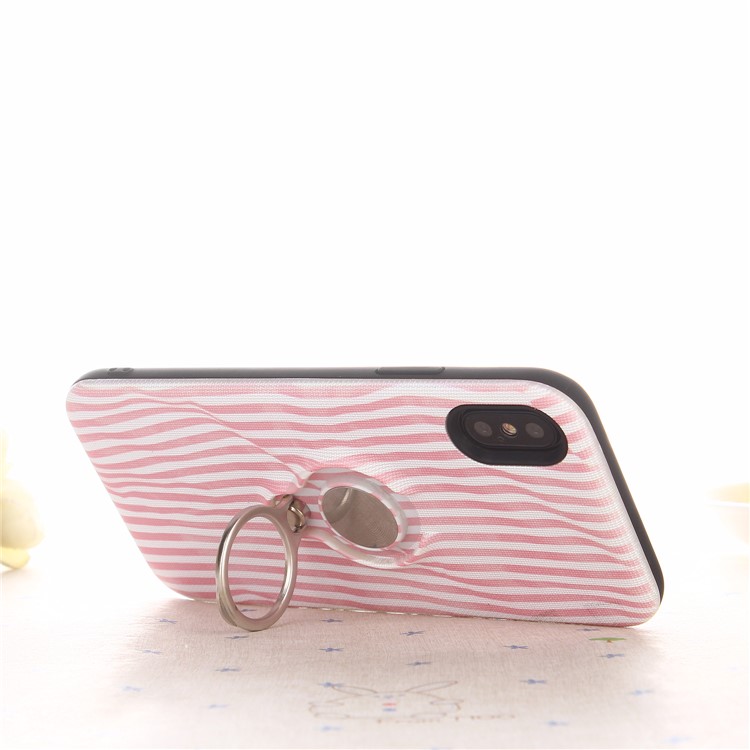 Striped Pattern Embossment TPU + PC Hybrid Magnetic Ring Holder Kickstand Mobile Phone Case for iPhone X - Pink-4
