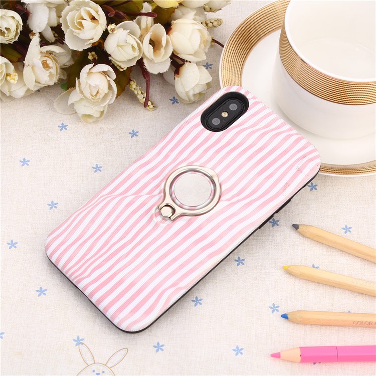 Striped Pattern Embossment TPU + PC Hybrid Magnetic Ring Holder Kickstand Mobile Phone Case for iPhone X - Pink-5