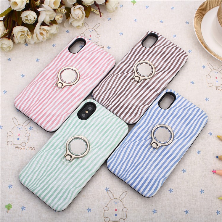 Striped Pattern Embossment TPU + PC Hybrid Magnetic Ring Holder Kickstand Mobile Phone Case for iPhone X - Pink-7