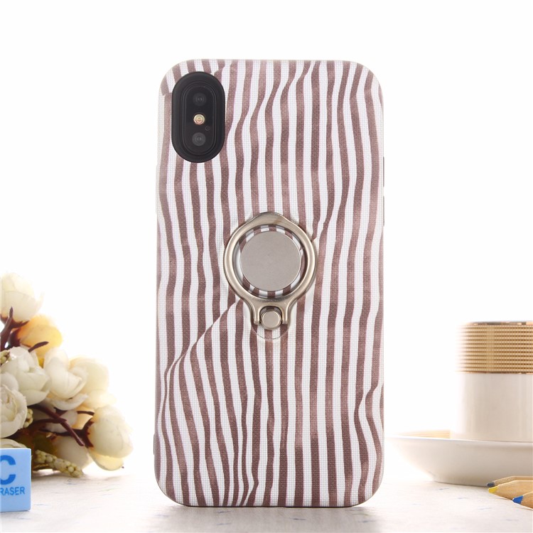 

Striped Pattern Embossment TPU + PC Hybrid Magnetic Ring Holder Kickstand Phone Accessory Cover for iPhone X - Brown