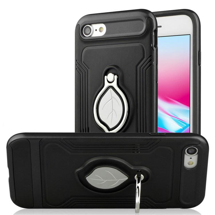 ANGIBABE Maple Leaf Magnetic Ring Holder Kickstand TPU + PC Hybrid Case for iPhone 8 / 7 4.7 inch - Black-1