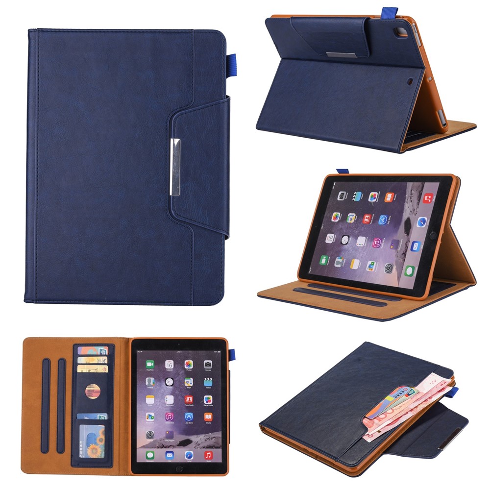 Crazy Horse Leather Wallet Stand Smart Folio Case for iPad 9.7-inch (2018)/9.7-inch (2017)/9.7 inch (2016)/Air 2/Air - Dark Blue