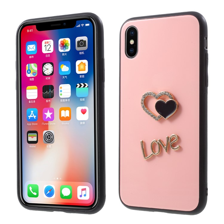 

3D Сердца И LOVE Узор Закаленное Стекло Назад + Мягкий Чехол Для Телефона TPU Для Iphone X - Розовый
