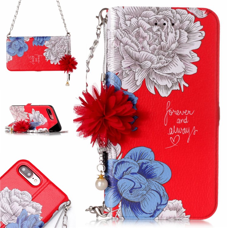 Flower Pattern PU Leather Card Holder Phone Case + Metal Chain for iPhone 8 Plus/7 Plus 5.5 inch - Forever and Always Love-1