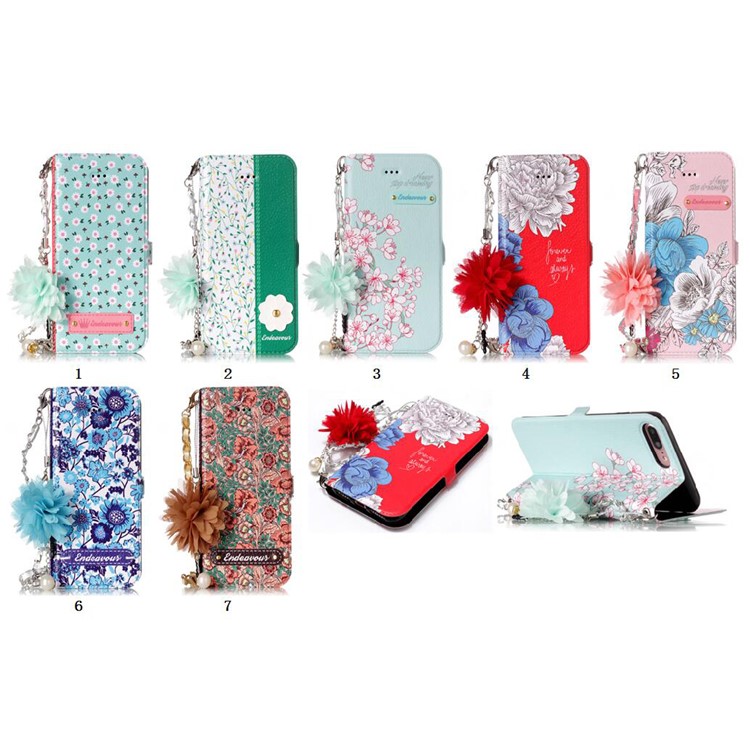 Flower Pattern PU Leather Card Holder Phone Case + Metal Chain for iPhone 8 Plus/7 Plus 5.5 inch - Forever and Always Love-9