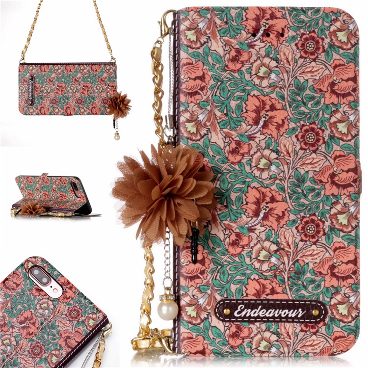 

Flower Pattern PU Leather Card Slot Mobile Phone Cover + Metal Chain for iPhone 8 Plus/7 Plus 5.5 inch - Flowers and Leaves Pattern