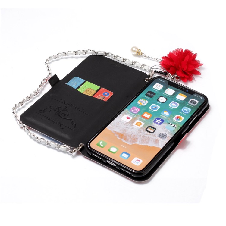 Flower Pattern PU Leather Card Holder Phone Case + Metal Chain for iPhone X - Forever and Always Love-10