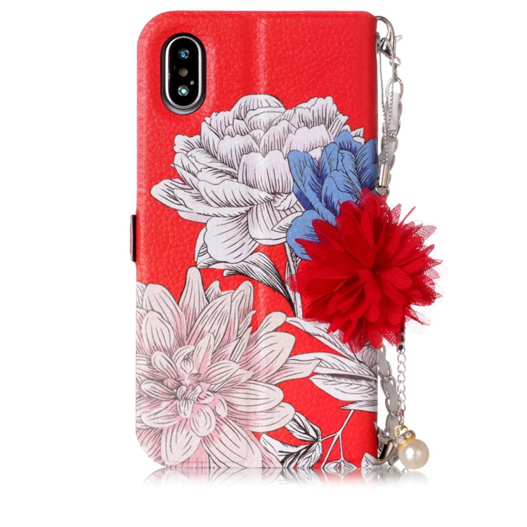Flower Pattern PU Leather Card Holder Phone Case + Metal Chain for iPhone X - Forever and Always Love-3