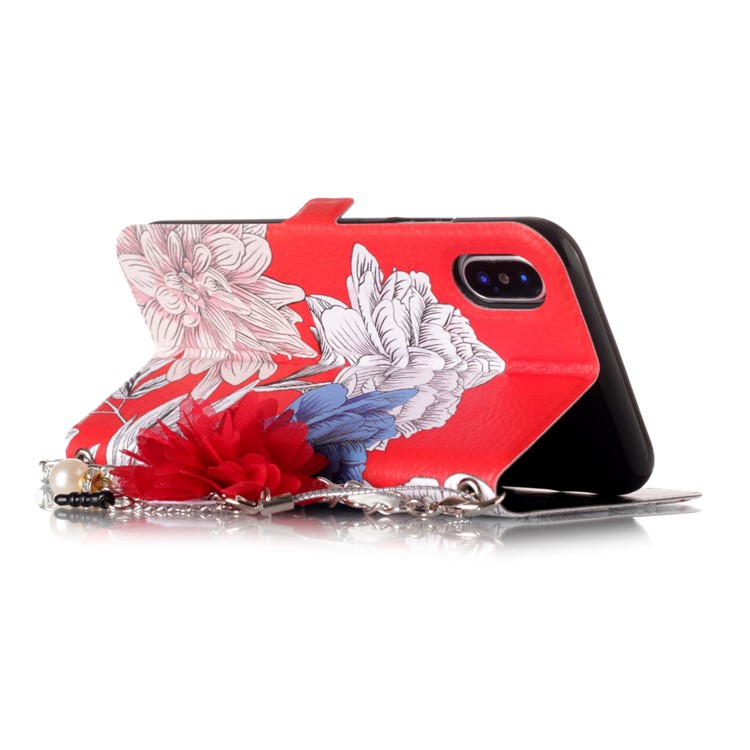 Flower Pattern PU Leather Card Holder Phone Case + Metal Chain for iPhone X - Forever and Always Love-4