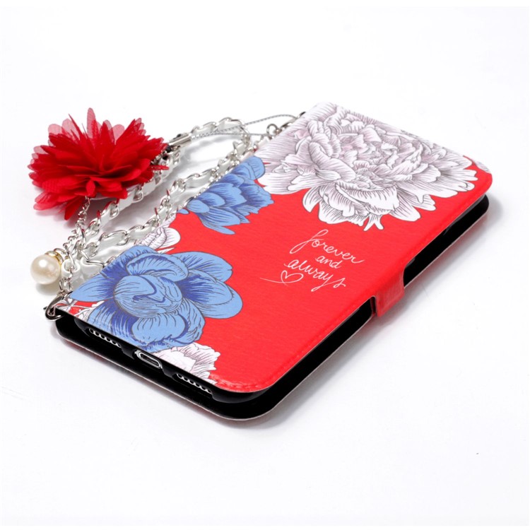 Flower Pattern PU Leather Card Holder Phone Case + Metal Chain for iPhone X - Forever and Always Love-7