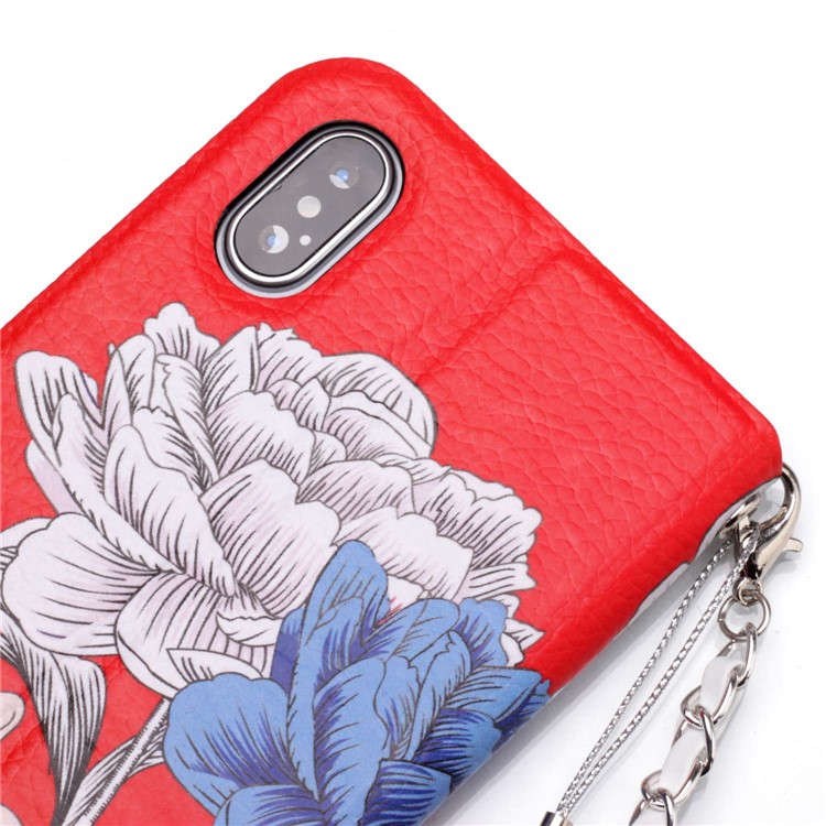 Flower Pattern PU Leather Card Holder Phone Case + Metal Chain for iPhone X - Forever and Always Love-8