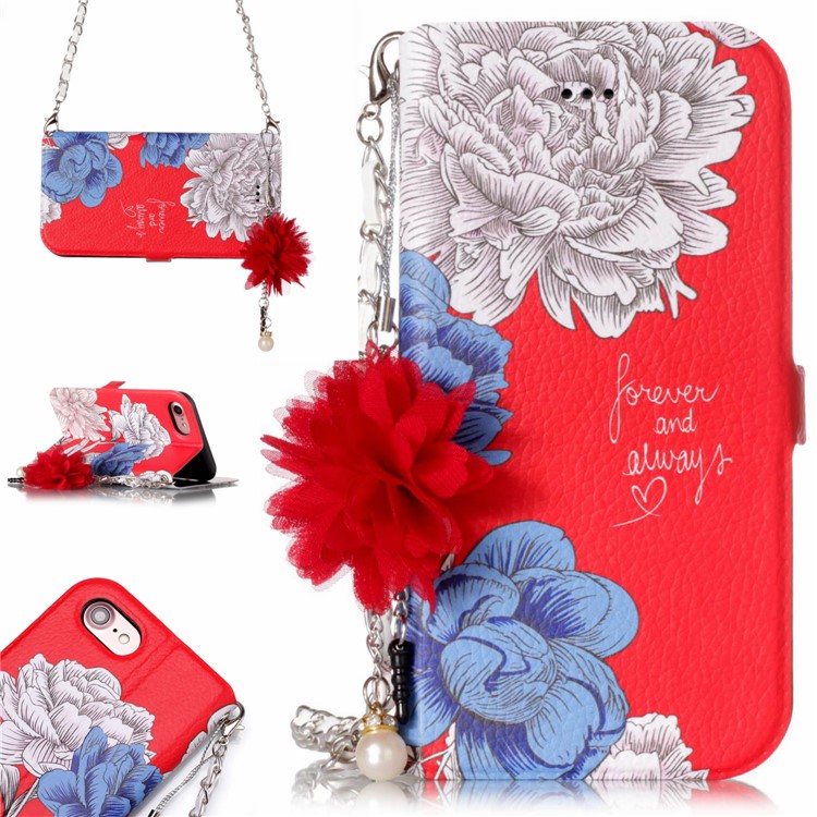 Flower Pattern PU Leather Card Holder Phone Case + Metal Chain for iPhone 8/7 4.7 inch - Forever and Always Love-1