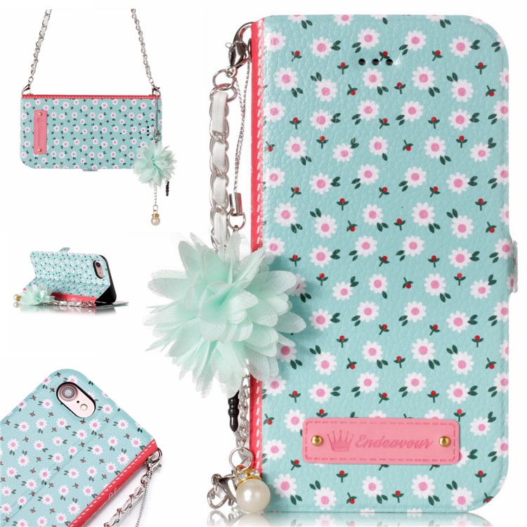 

Flower Pattern PU Leather Card Holder Phone Shell + Metal Chain for iPhone 8/7 4.7 inch - Lovely Daisy