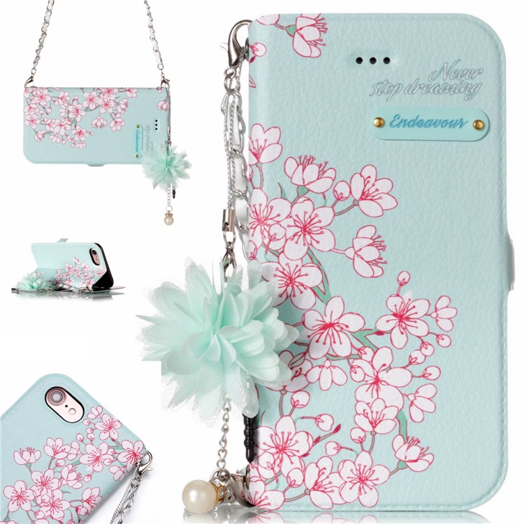 

Flower Pattern PU Leather Card Holder Phone Casing + Metal Chain for iPhone 8/7 4.7 inch - Peach Flower