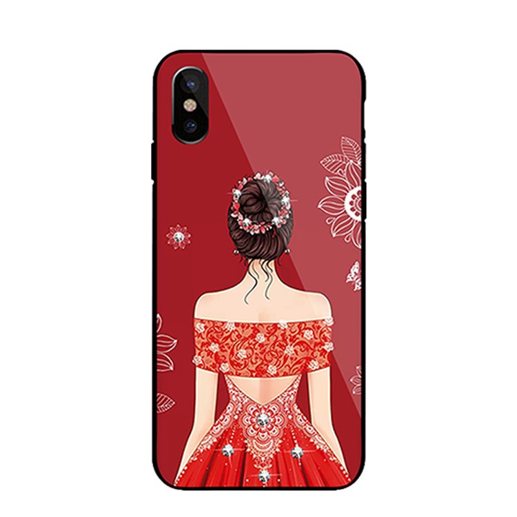NXE Wedding Dress Pattern Rhinestone 9H Glass + PC + TPU Hybrid Case for iPhone X - Style 1-1