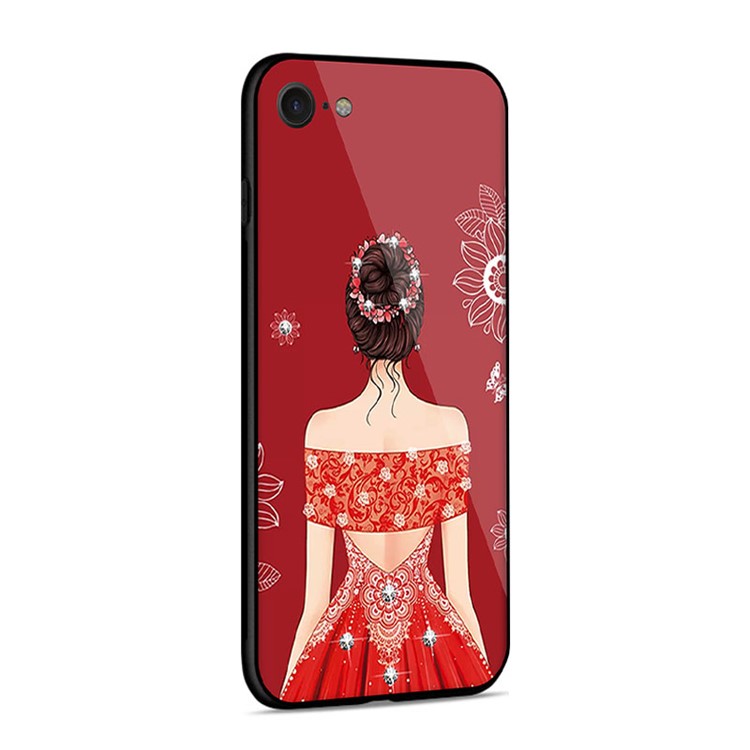 NXE Wedding Dress Pattern Printing Rhinestone Decor Glass + PC + TPU Hybrid Case for iPhone 8/7 4.7inch - Style 1-3