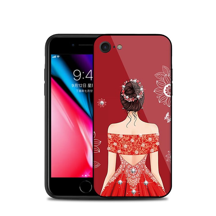NXE Wedding Dress Pattern Printing Rhinestone Decor Glass + PC + TPU Hybrid Case for iPhone 8/7 4.7inch - Style 1-4
