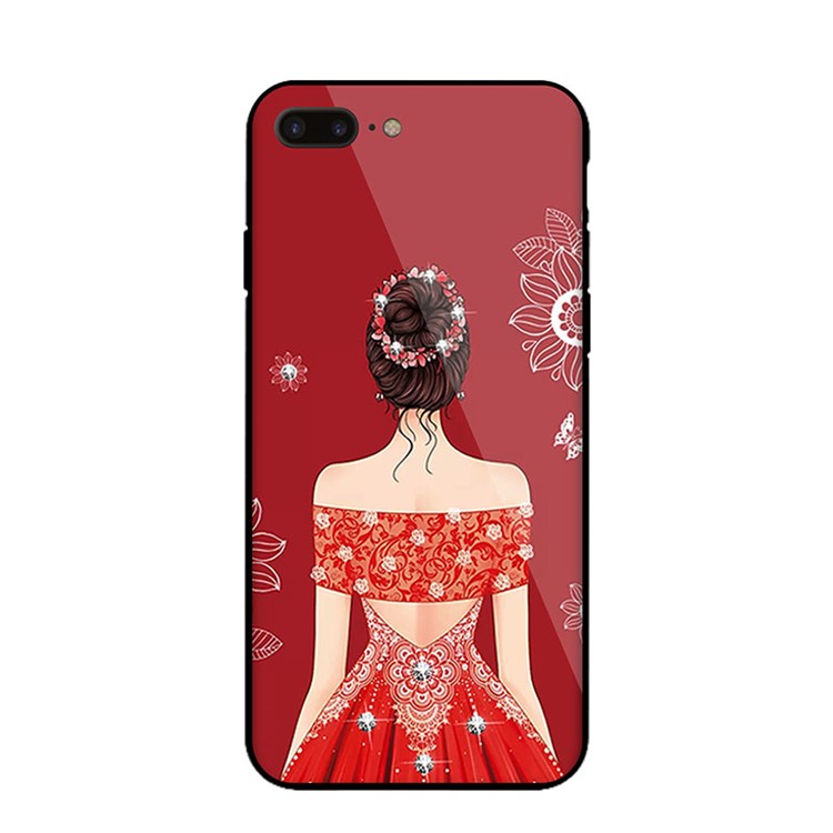 NXE Wedding Dress Pattern Printing Rhinestone Decor Glass + PC + TPU Hybrid Case for iPhone 8 Plus/7 Plus 5.5 inch - Style 1-1