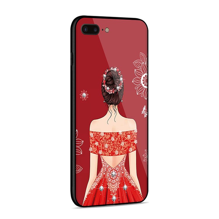 NXE Wedding Dress Pattern Printing Rhinestone Decor Glass + PC + TPU Hybrid Case for iPhone 8 Plus/7 Plus 5.5 inch - Style 1-3