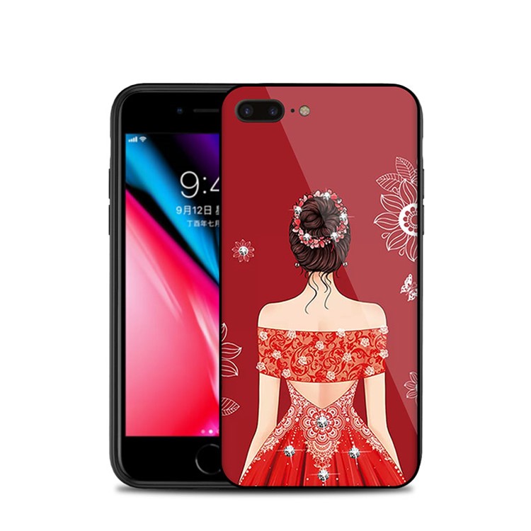 NXE Wedding Dress Pattern Printing Rhinestone Decor Glass + PC + TPU Hybrid Case for iPhone 8 Plus/7 Plus 5.5 inch - Style 1-4
