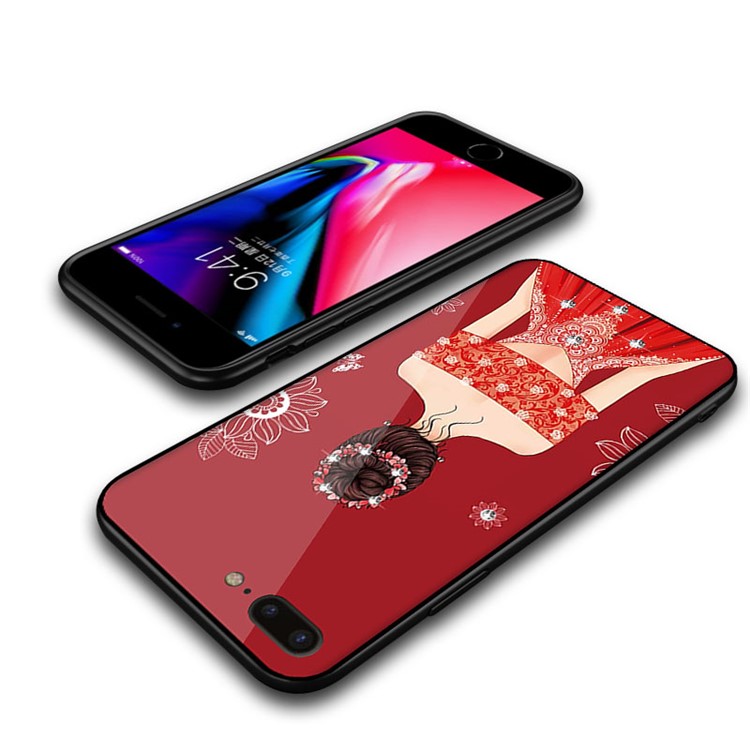 NXE Wedding Dress Pattern Printing Rhinestone Decor Glass + PC + TPU Hybrid Case for iPhone 8 Plus/7 Plus 5.5 inch - Style 1-5