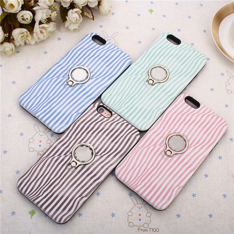 Striped Pattern Embossment TPU + PC Hybrid Magnetic Ring Holder Kickstand Mobile Phone Case for iPhone 6s/6 4.7-inch - Pink-7
