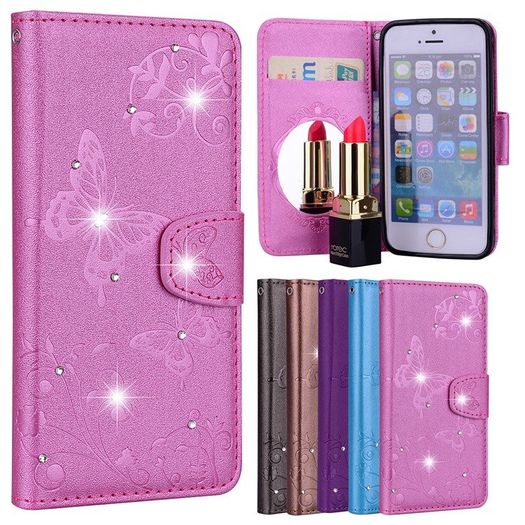 

For iPhone SE/5s/5 Imprinted Butterfly Flower Rhinestone Leather Wallet Cover with Mirror - Rose, iPhone SE