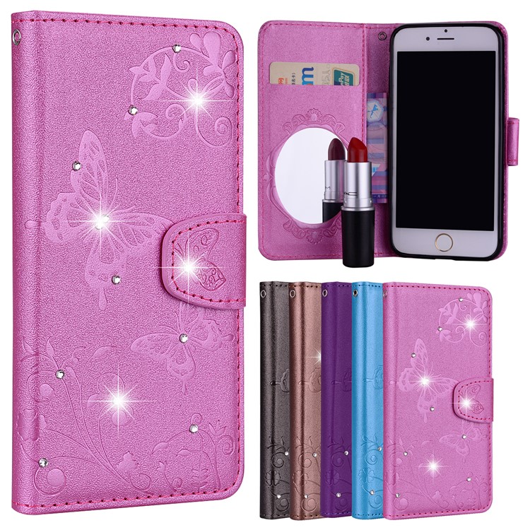 

For iPhone 6s / 6 4.7-inch Imprinted Butterfly Flower Rhinestone Leather Wallet Cover with Mirror - Rose