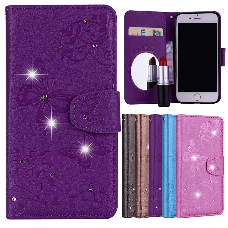 

For iPhone 6s / 6 4.7-inch Imprinted Butterfly Flower Rhinestone Leather Stand Phone Cover with Mirror - Purple