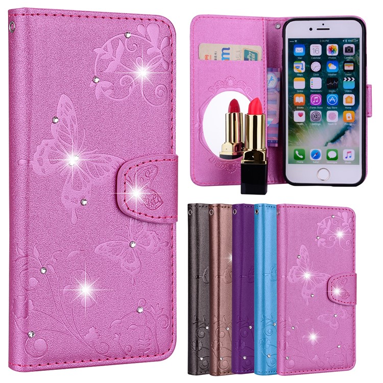 

Imprinted Butterfly Flower Pattern Rhinestone Leather Wallet Cover for iPhone 8 Plus / 7 Plus - Rose, iPhone 8 Plus