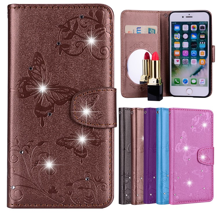 

Imprinted Butterfly Flower Pattern Rhinestone Leather Card Holder Case for iPhone 8 Plus / 7 Plus - Brown, iPhone 8 Plus