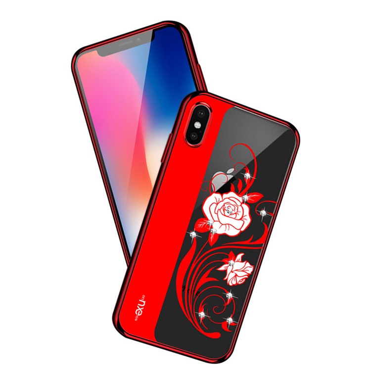

NXE Electroplating Flower Pattern Printing Rhinestone Decor TPU Back Case for iPhone XS / X 5.8 inch - Red Pattern 1