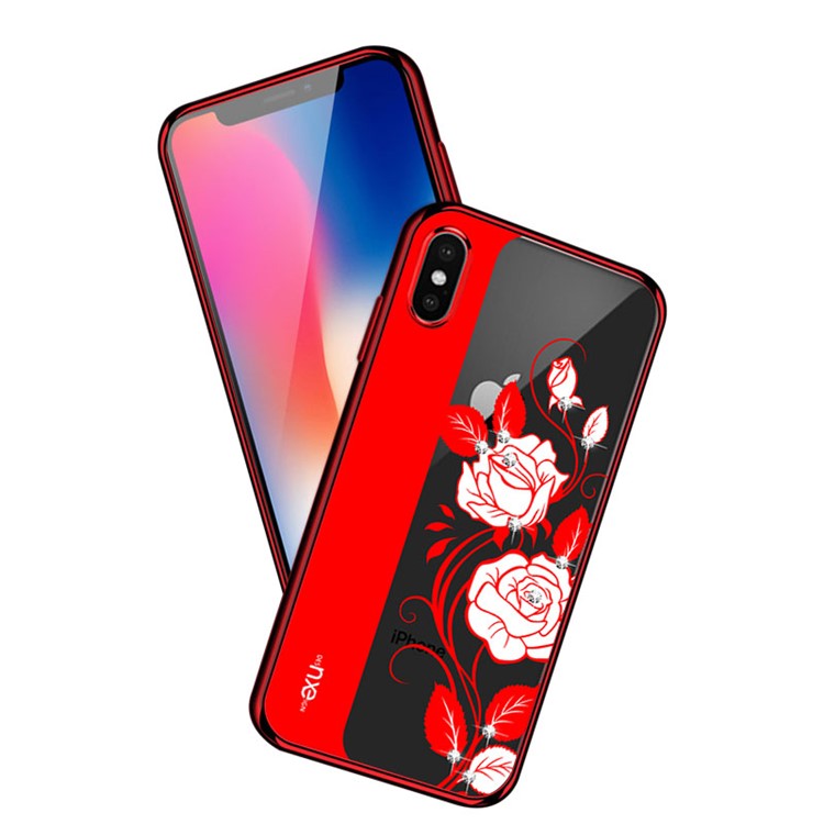 

NXE Electroplating Flower Pattern Printing Rhinestone Decor TPU Back Cover for iPhone XS / X 5.8 inch - Red Pattern 2