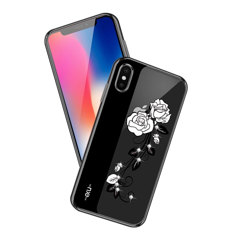 

NXE Electroplating Flower Pattern Printing Rhinestone Decor TPU Protective Case for iPhone XS / X 5.8 inch - Black Pattern 3