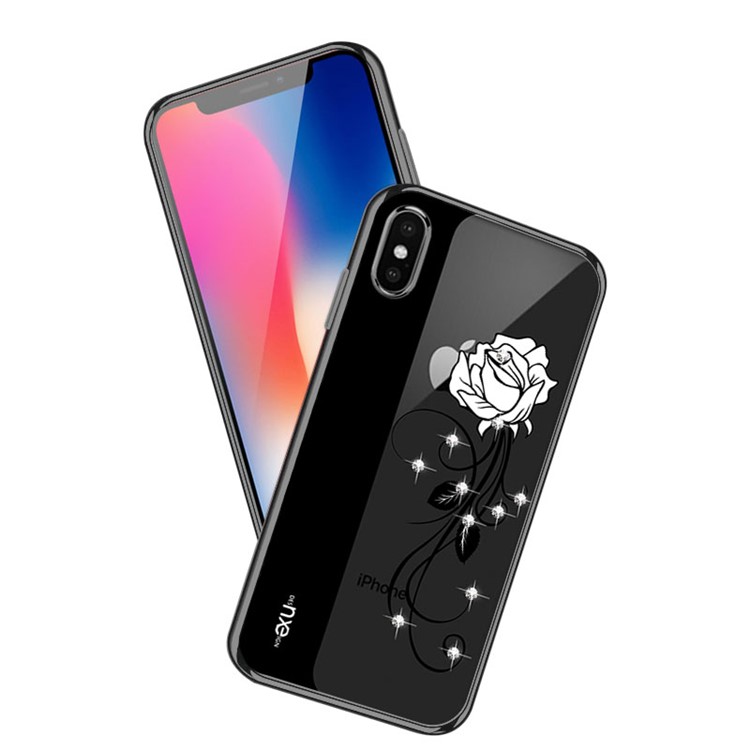 

NXE Electroplating Flower Pattern Printing Rhinestone Decor TPU Protective Casing for iPhone XS / X 5.8 inch - Black Pattern 4