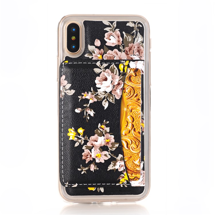 

Flower Pattern Printing Leather Coated TPU Back Card Slots Cover with Kickstand for iPhone XS/X 5.8 inch - Black Background with Brown Flower