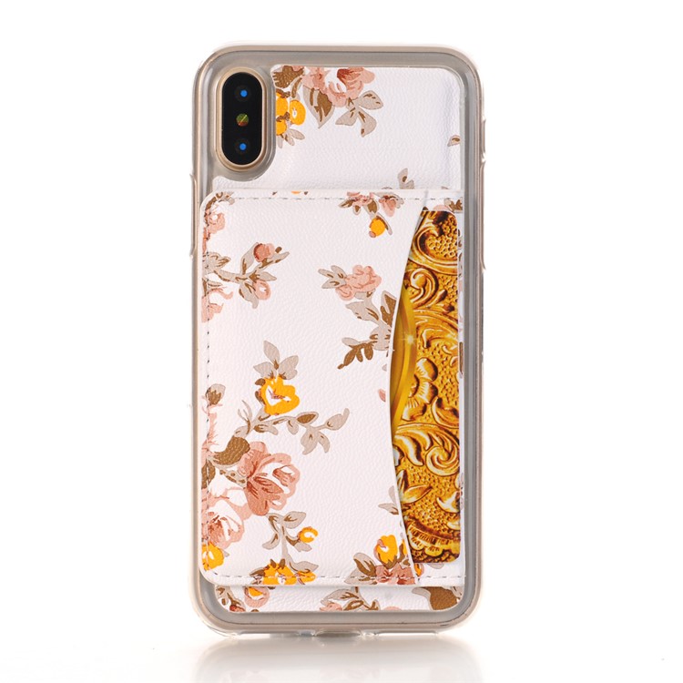 

Flower Pattern Printing Leather Coated TPU Back Card Slots Case Cover with Kickstand for iPhone XS/X 5.8 inch - White Background with Yellow Flower