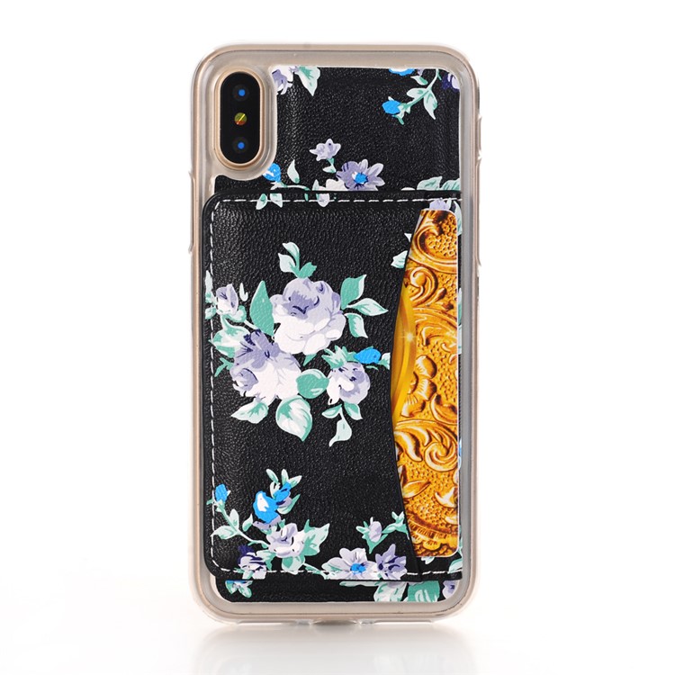

Flower Pattern Printing Leather Coated TPU Back Card Slots Case with Kickstand for iPhone XS/X 5.8 inch - Black Background with Blue Flower