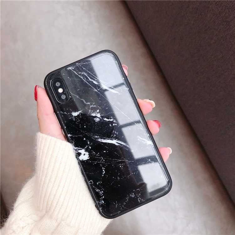Marble Patterned Glass + TPU Hybrid Back Case for iPhone X/10 - Black-1